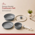 Grey Premium Non-Stick Cookware Set with Detachable Handle & Glass Lid