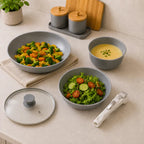 Grey Premium Non-Stick Cookware Set with Detachable Handle & Glass Lid