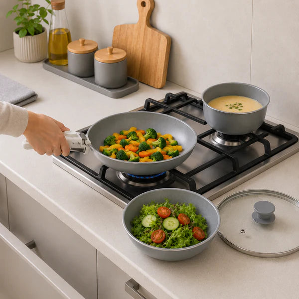 Grey Premium Non-Stick Cookware Set with Detachable Handle & Glass Lid