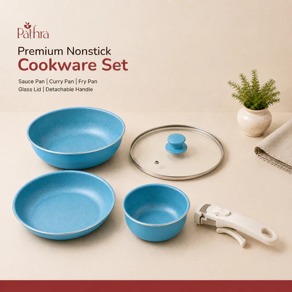 Aqua Blue Premium Non-Stick Cookware Set with Detachable Handle & Glass Lid